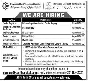 Dr Akbar Niazi Teaching Hospital Jobs 2024 Advertisement