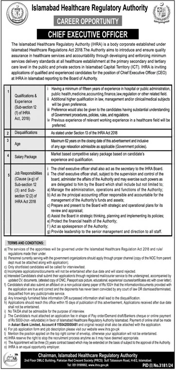 Islamabad Healthcare Regulatory Authority IHRA Jobs 2024 Advertisement