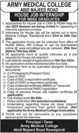 Jobs at Army Medical College Advertisement