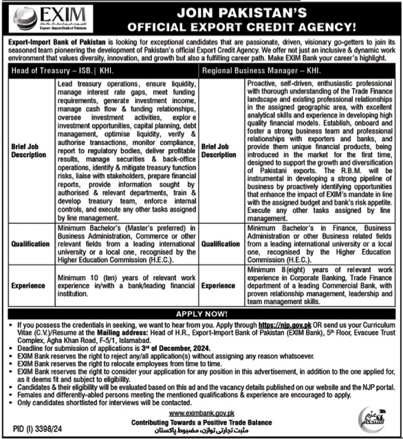 Jobs at Exim Import Bank of Pakistan Advertisement