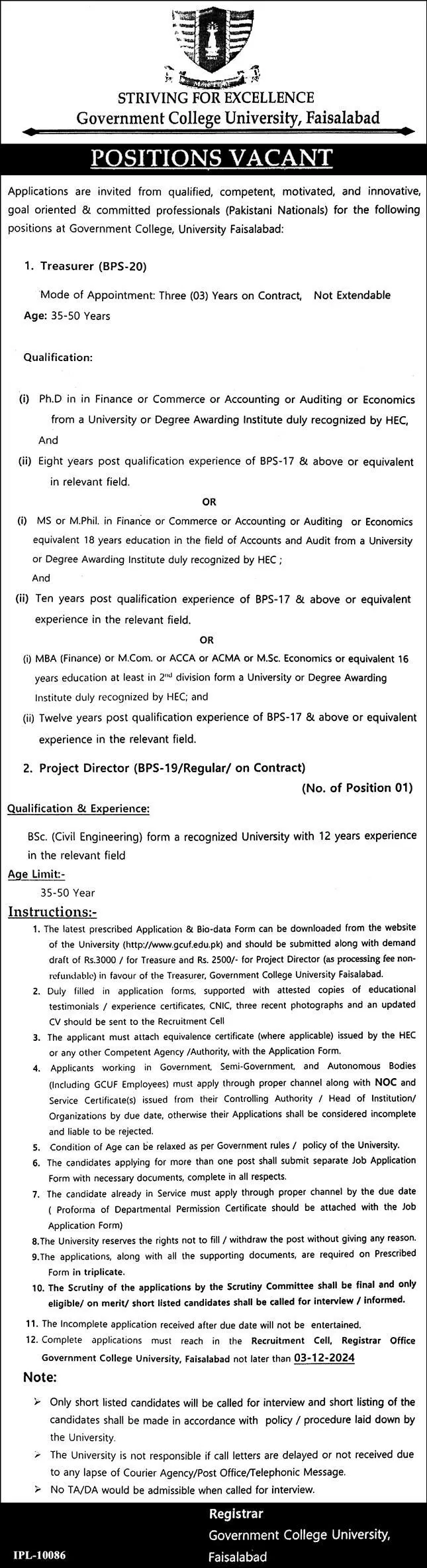 Jobs at Government College University Faisalabad Advertisement