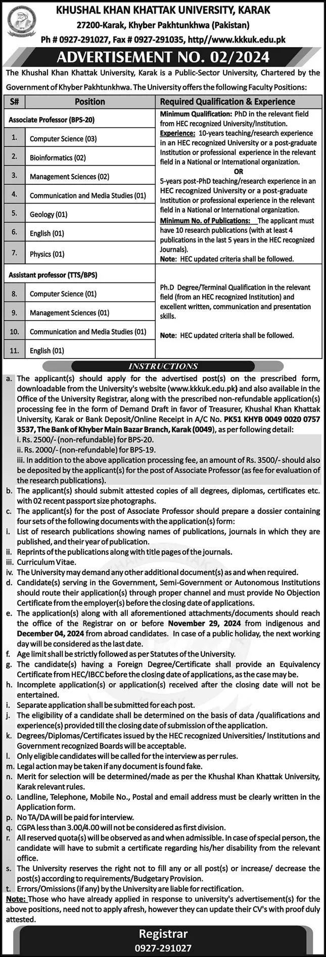 Jobs at Khushal Khan Khattak University Advertisement