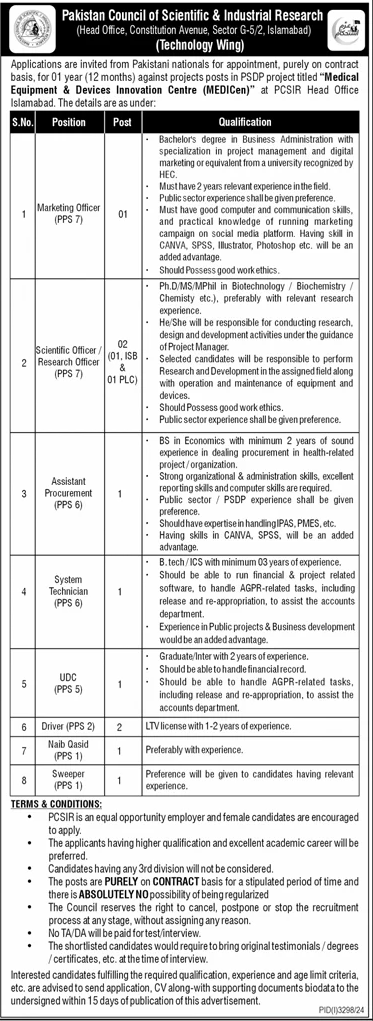 Jobs at Pakistan Council of Scientific and Industrial Research PCSIR Advertisement