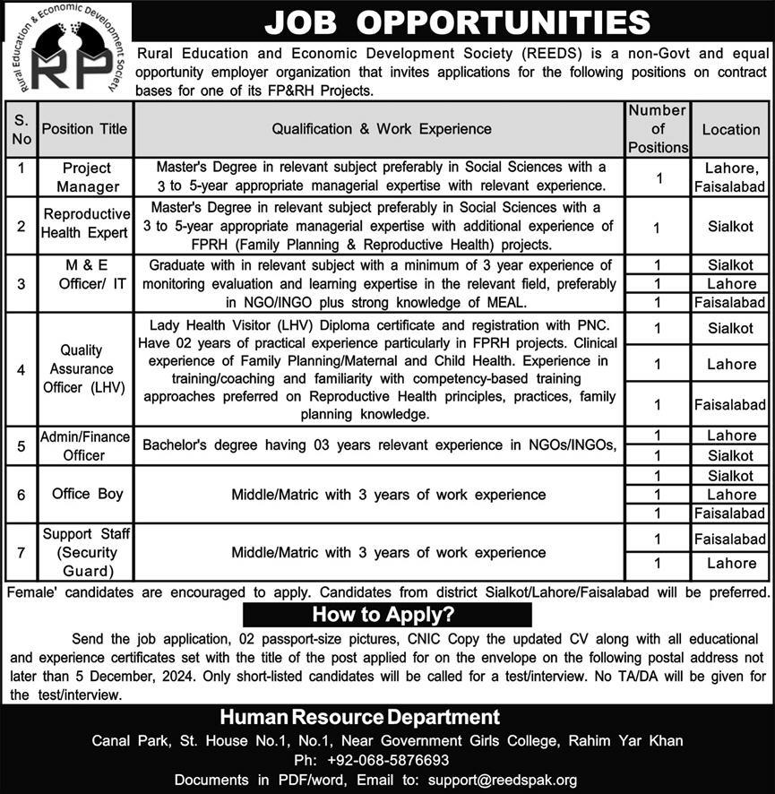 Jobs at Rural Education and Economic Development Society REEDS Advertisement: