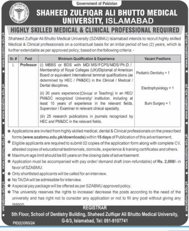 Jobs at Shaheed Zulfiqar Ali Bhutto Medical University Advertisement: