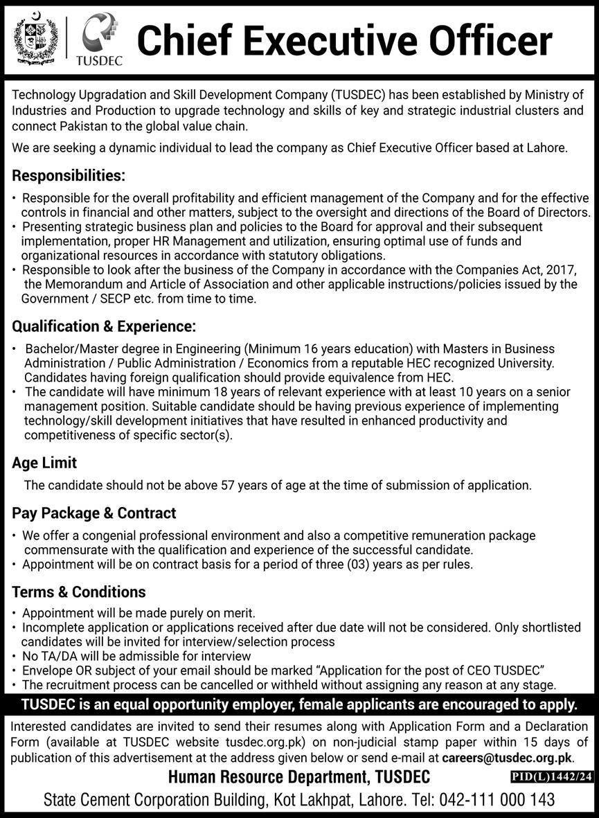 Jobs at Technology Upgradation and Skills Development Company TUSDEC 2024 Advertisement: