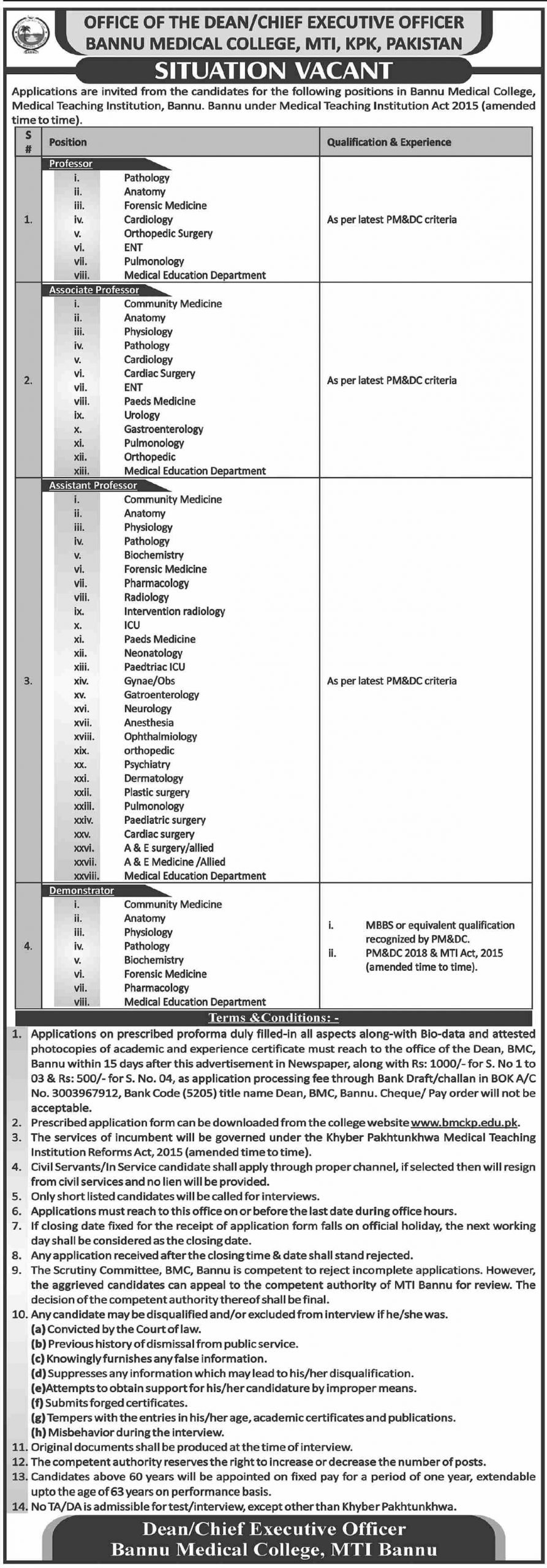 Jobs at Bannu Medical College 2024 Advertisement