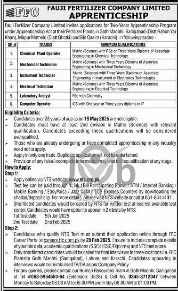Fauji Fertilizer Company FFC Apprenticeship Apply Online 2025 Advertisement