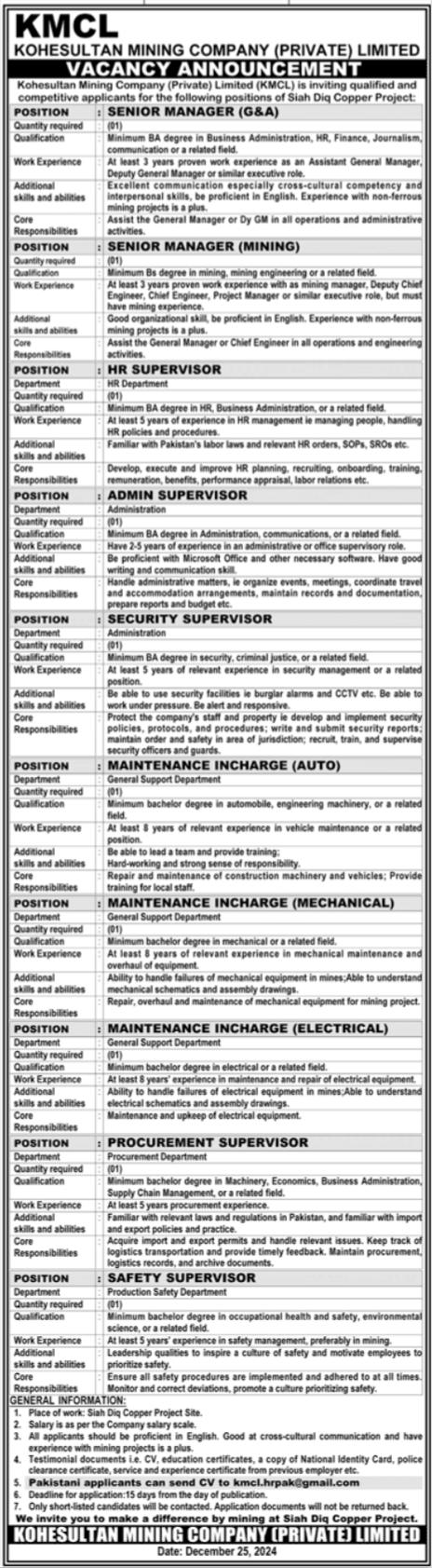 KoheSultan Mining Company Limited Jobs 2025 Advertisement