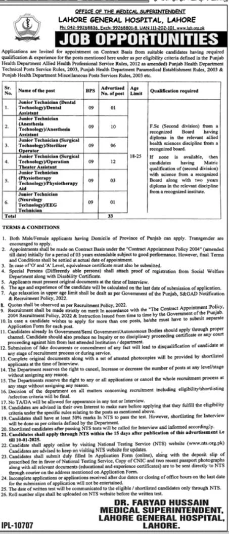 Lahore General Hospital Jobs 2025