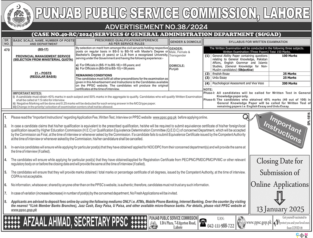 PPSC Jobs Advertisement No 38