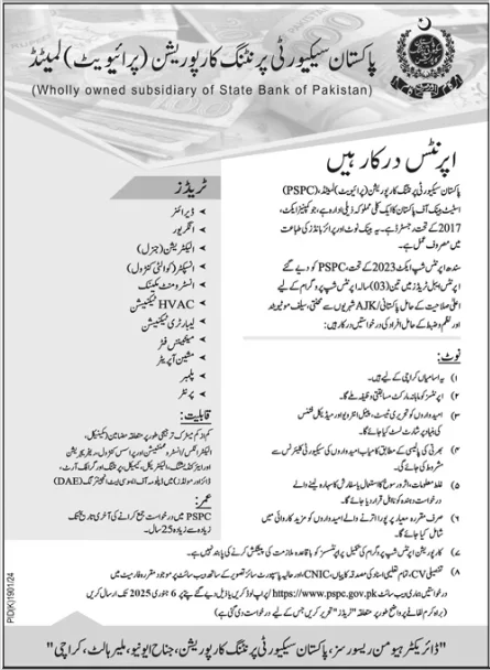 Pakistan Security Printing Corporation Apprenticeship 2025