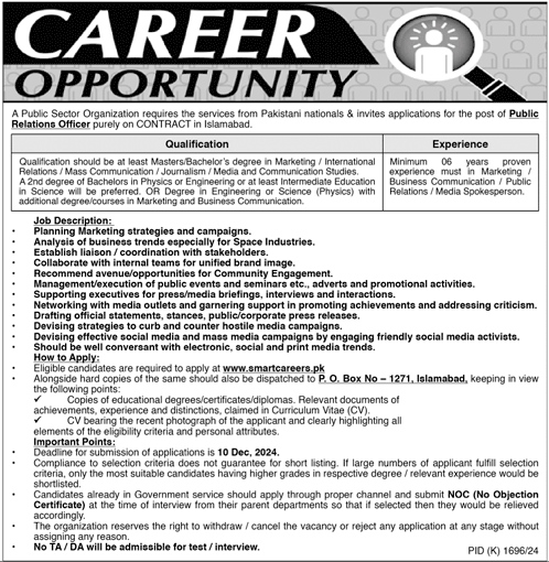 Public Sector Organization PO Box No 1271 Islamabad Jobs 2024