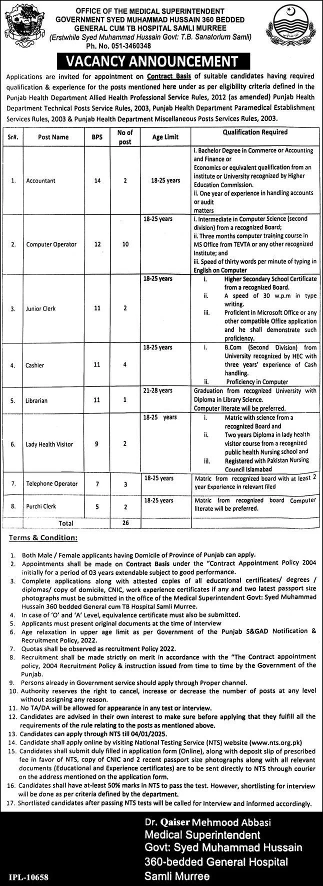 Syed Muhammad Hussain Government Tb Sanatorium SMHGTBS Murree Jobs 2024 Today Advertisement