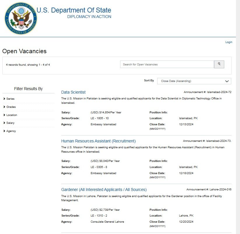 U.S. Embassy Jobs in Pakistan 2024 Advertisement