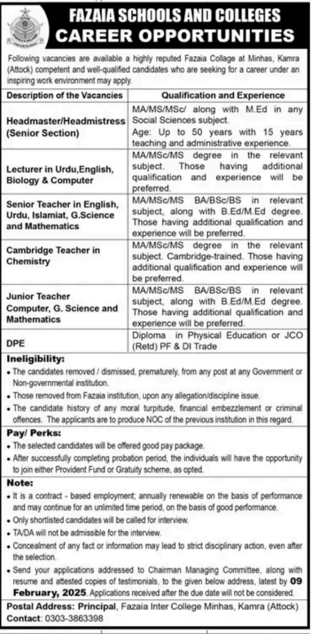 Fazaia College Minhas Kamra Teachers Jobs 2025 Advertisement