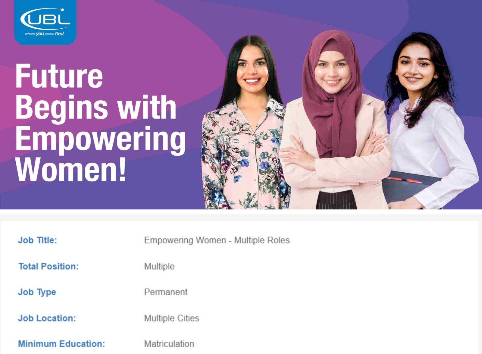 Jobs at UBL Bank for Women 2025 Advertisement