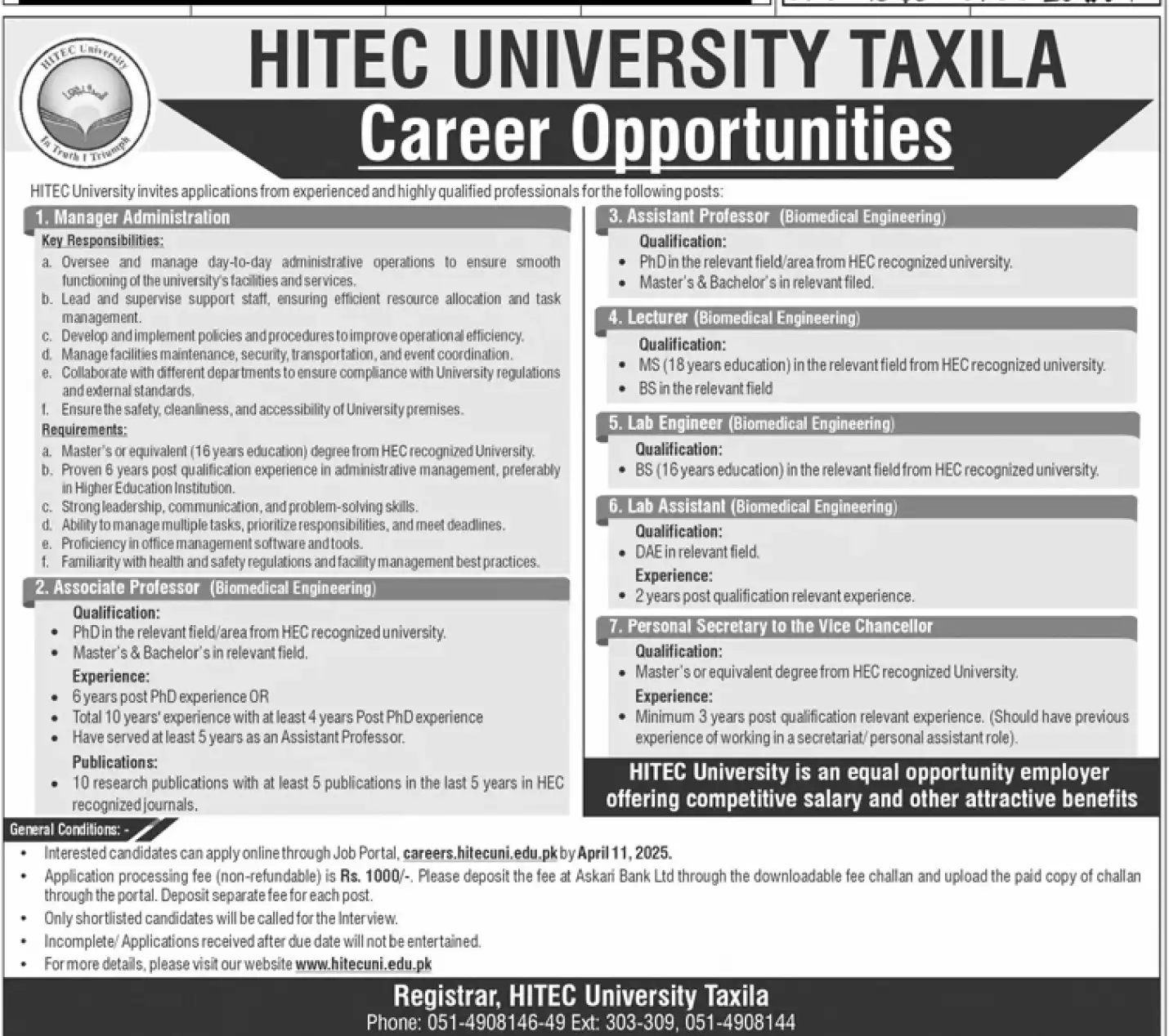 HITEC University Taxila Jobs 2025 Latest Advertisement