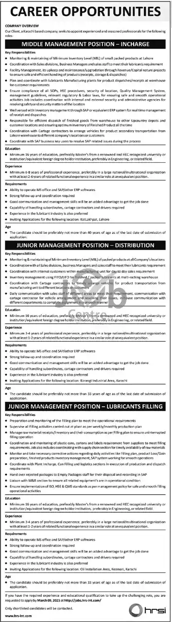 Human Resource Solution International HRSI Jobs 2025 Latest Advertisement