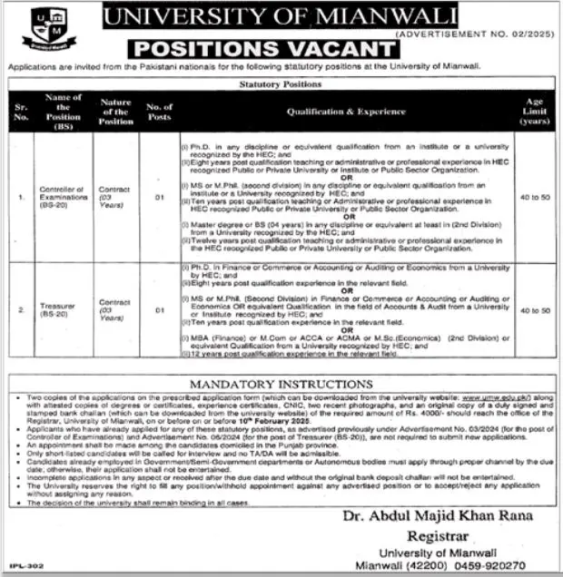 Latest University Of Mianwali UMW Jobs 2025 Advertisement