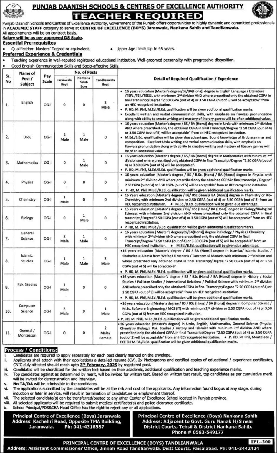 Punjab Danish Schools and Centers of Excellence Authority Jobs 2025 Advertisement