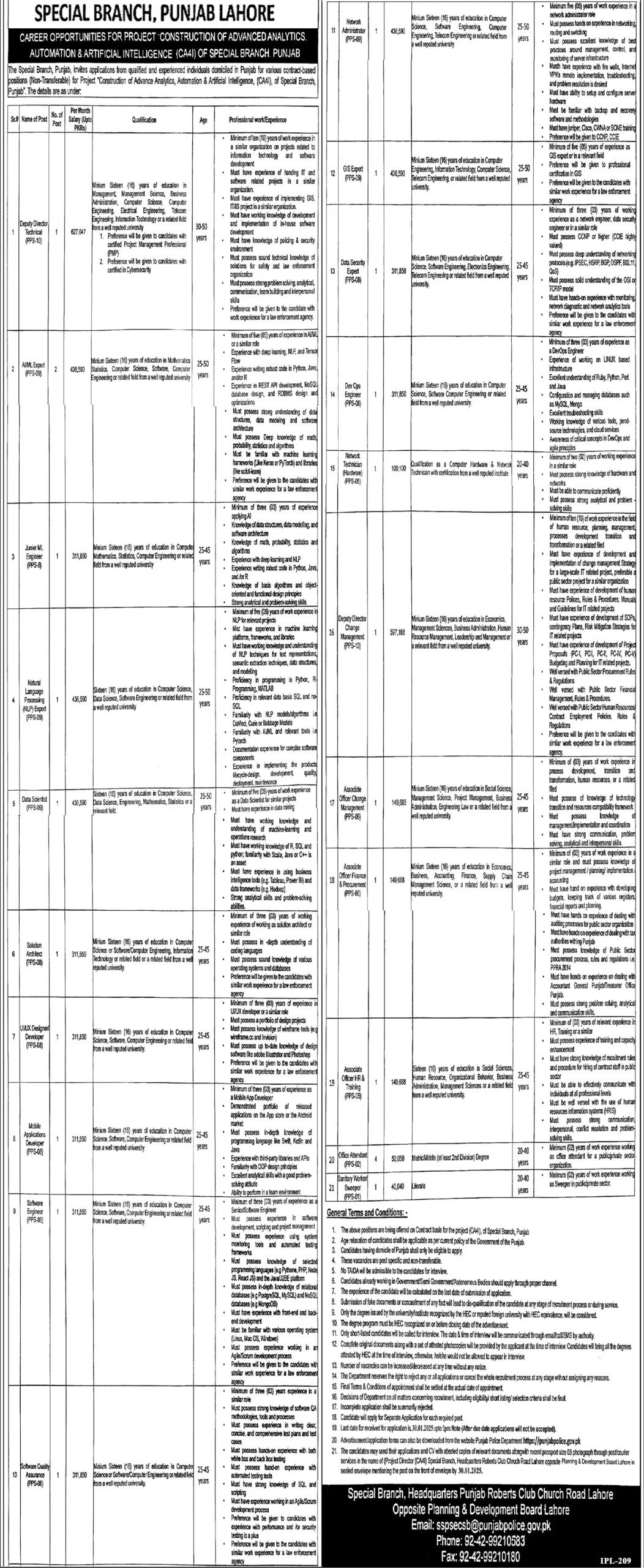 Special Branch Punjab Police Jobs 2025 Advertisement