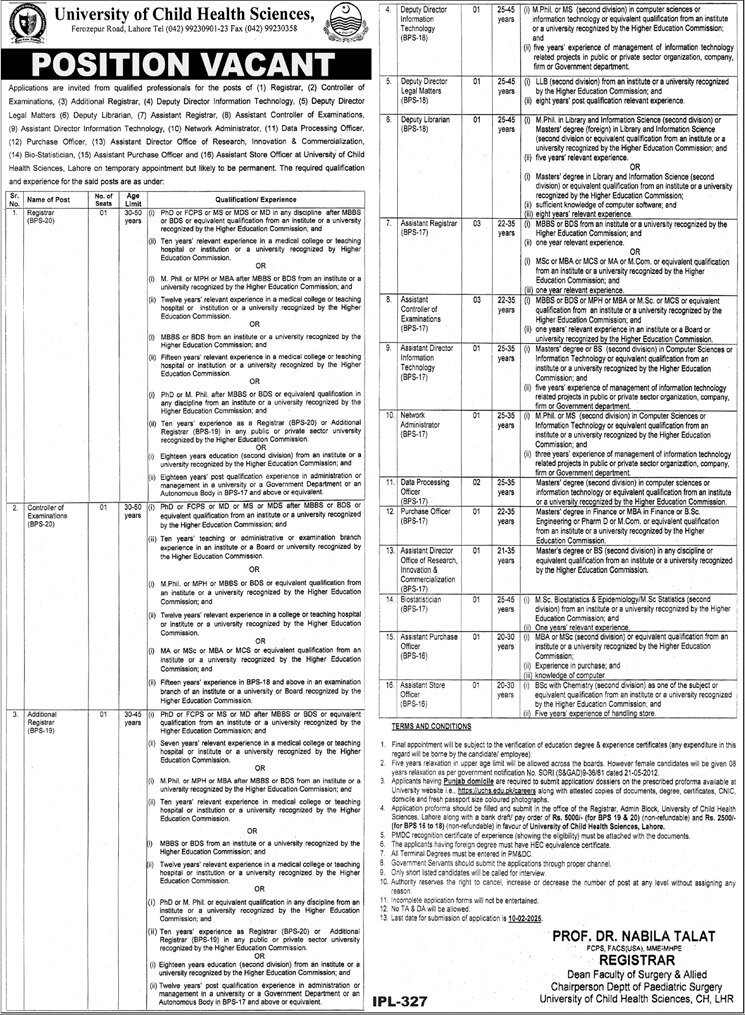 University of Child Health Sciences Lahore Jobs 2025 Advertisement