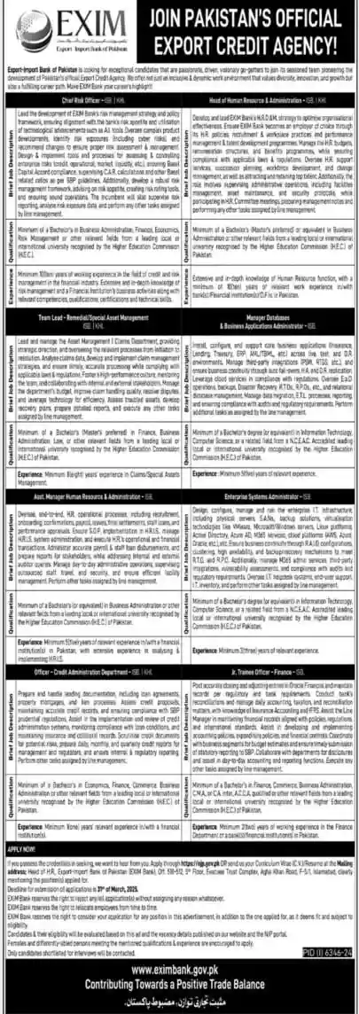 Exim Bank Of Pakistan Jobs 2025 Today Advertisement