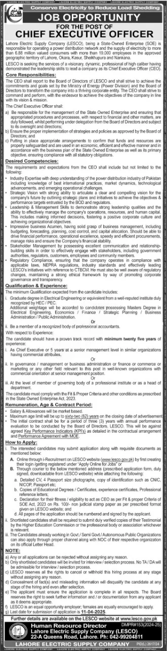 LESCO Jobs 2025 Today Advertisement