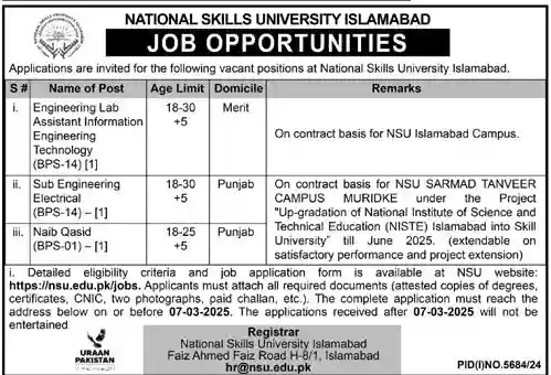 National Skills University Jobs 2025 Advertisement