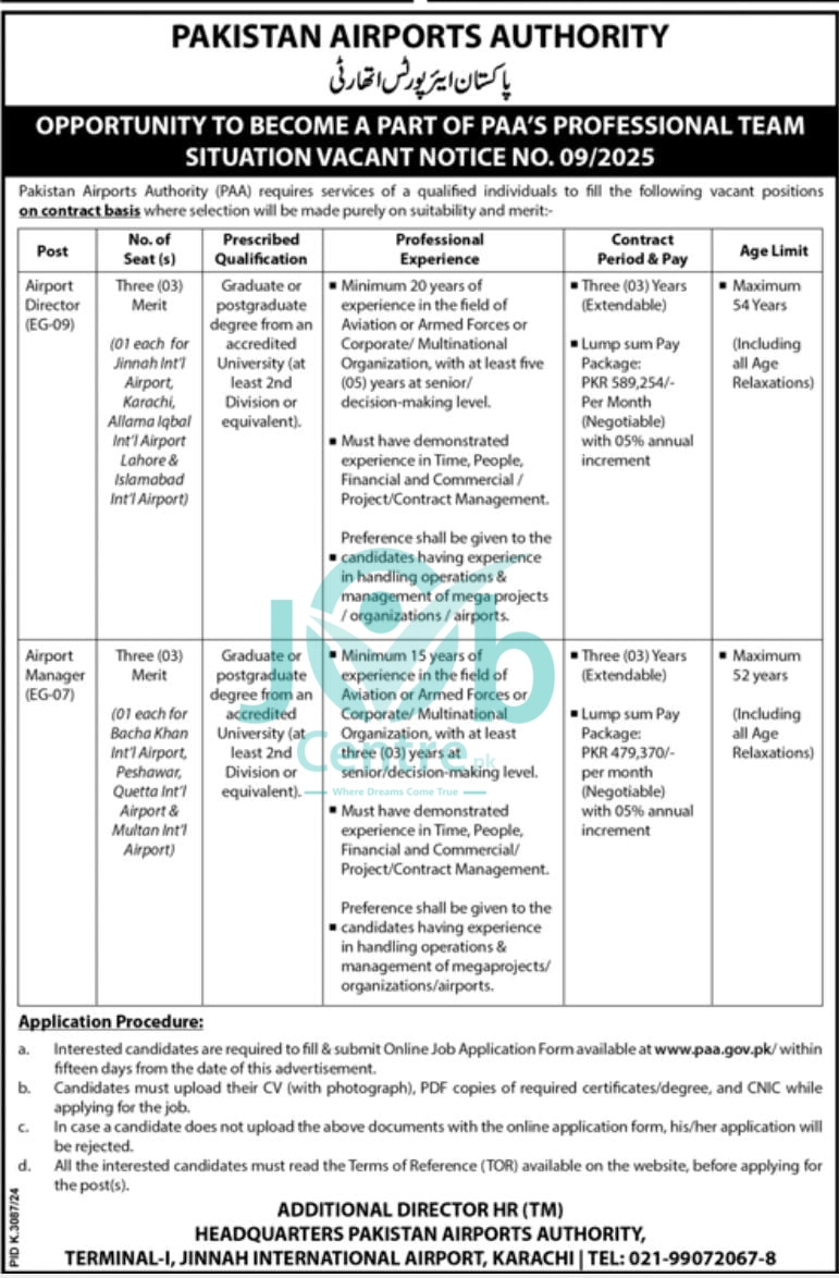 Pakistan Airports Authority PAA Jobs 2025 Latest Advertisement
