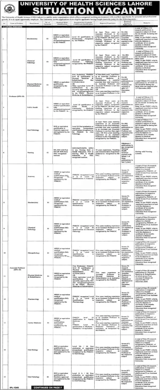 UHS Lahore Jobs 2025 Today Advertisement