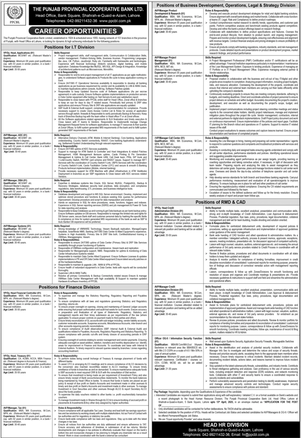 Punjab Provincial Cooperative Bank Limited Jobs 2025