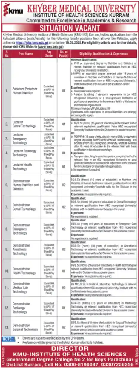 Khyber Medical University Jobs 2025 Latest Advertisement