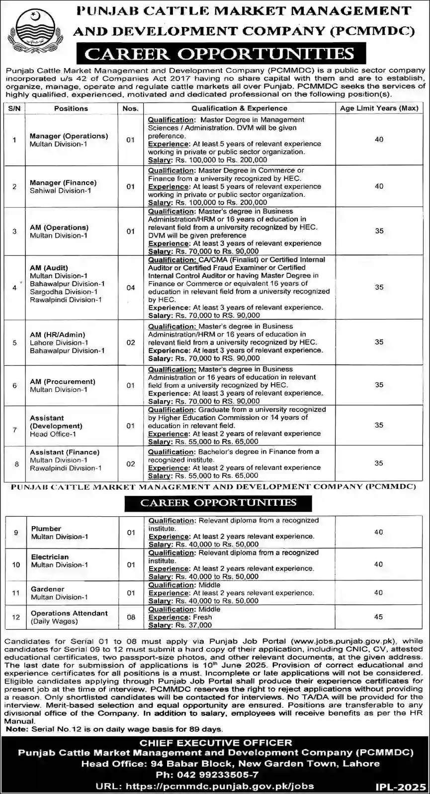 Punjab Cattle Market Management and Development Company Jobs 2025 Latest Advertisement