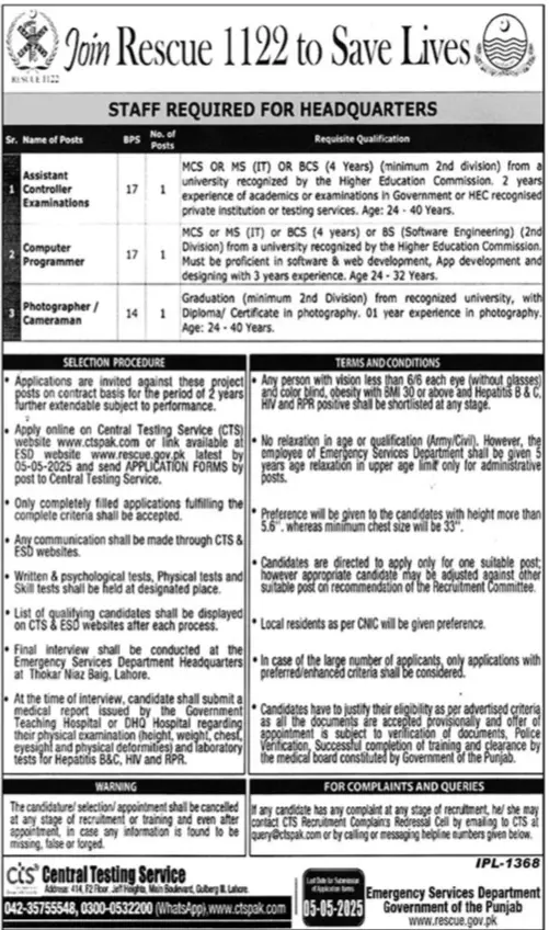 Punjab Rescue 1122 Jobs 2025 Today Advertisement