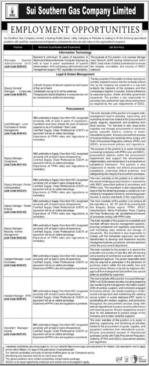 Sui Southern Gas Company Limited SSGC Jobs 2025 Today Advertisement