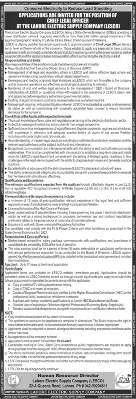 LESCO Jobs 2025 Today Advertisement